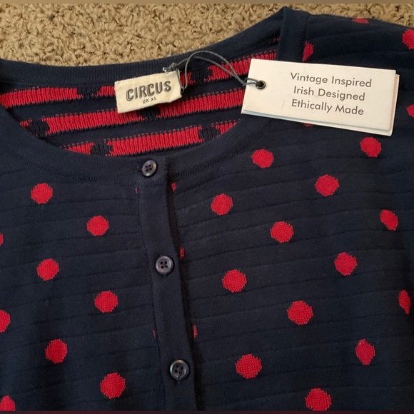 NWT~Vintage Inspired Navy Cardigan Sweater with Red Polka Dots, UK XL-Import!🍒 - Picture 4 of 10